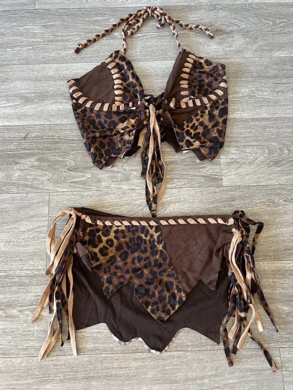 VTG Y2K Leopard Faux Suede Halter Top Mini Skirt Set Fringe Festival Western M/L
